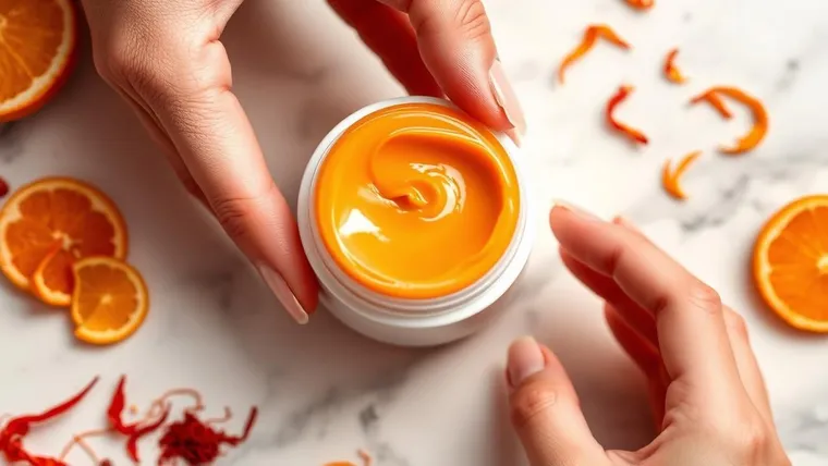 Handen met een potje van de warme oranje crème, omringd door sinaasappel en saffraan