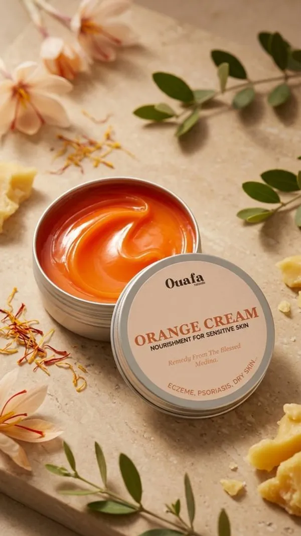Ouafa Orange Cream omringd door saffraanbloemen, bijenwas en botanische blaadjes